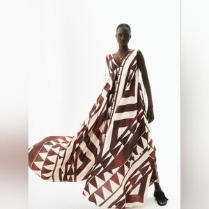 H&M EDITION VOLUMINOUS RUST BROWN & CREAM MAXI DRESS SIZE XS
